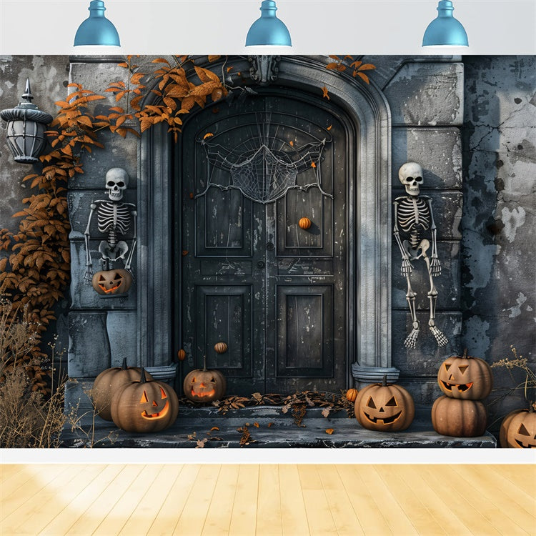Toile de Fond Sentinelles Squelettes et Porte avec Citrouille d'Halloween BRP8-196