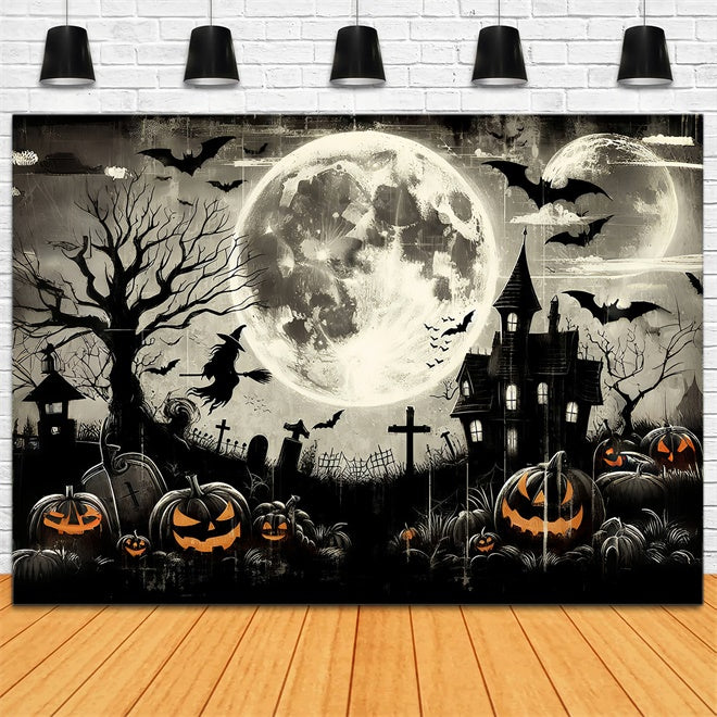 Toile de Fond Cimetière Effrayant avec Sorcière Volante d'Halloween BRP8-197