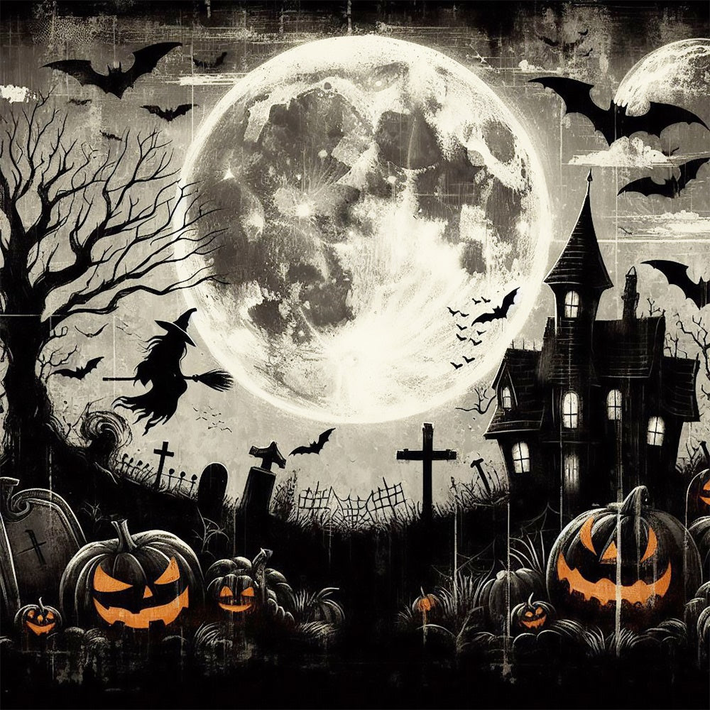 Toile de Fond Cimetière Effrayant avec Sorcière Volante d'Halloween BRP8-197