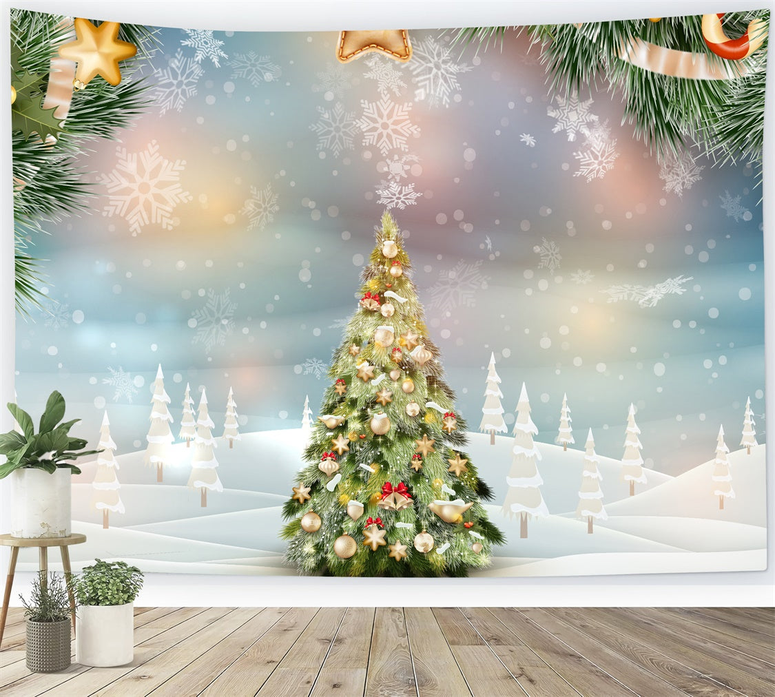 Toile de fond Sapin de Noël avec étoiles dorées et flocons de neige BRP8-300