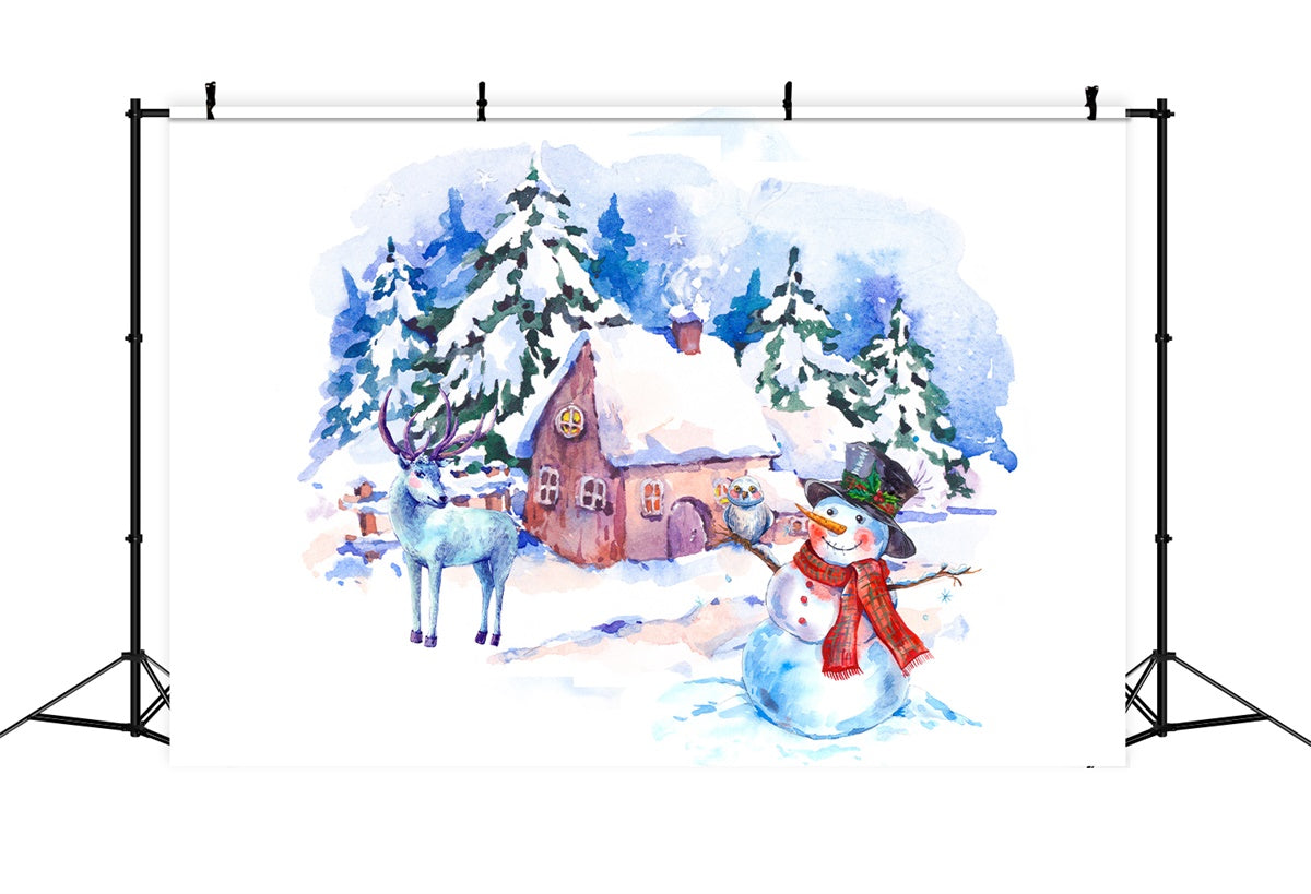 Toile de fond Bonhomme de neige et renne aquarelle au chalet de Noël BRP8-301