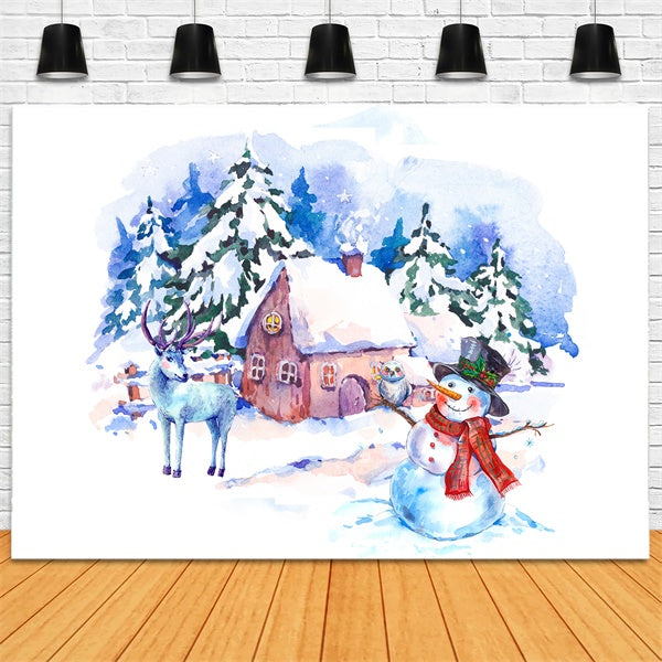 Toile de fond Bonhomme de neige et renne aquarelle au chalet de Noël BRP8-301