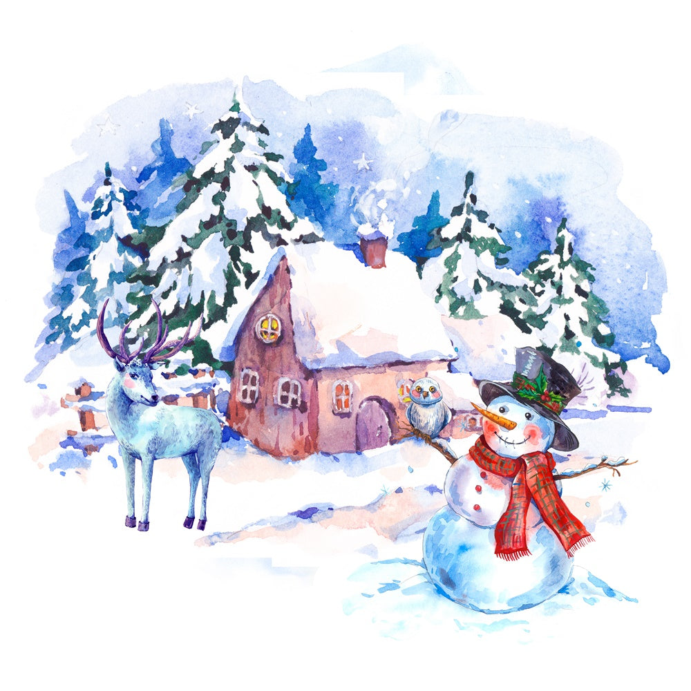 Toile de fond Bonhomme de neige et renne aquarelle au chalet de Noël BRP8-301