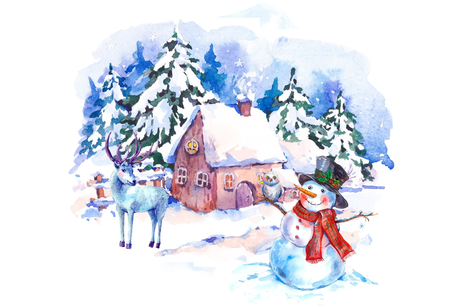 Toile de fond Bonhomme de neige et renne aquarelle au chalet de Noël BRP8-301