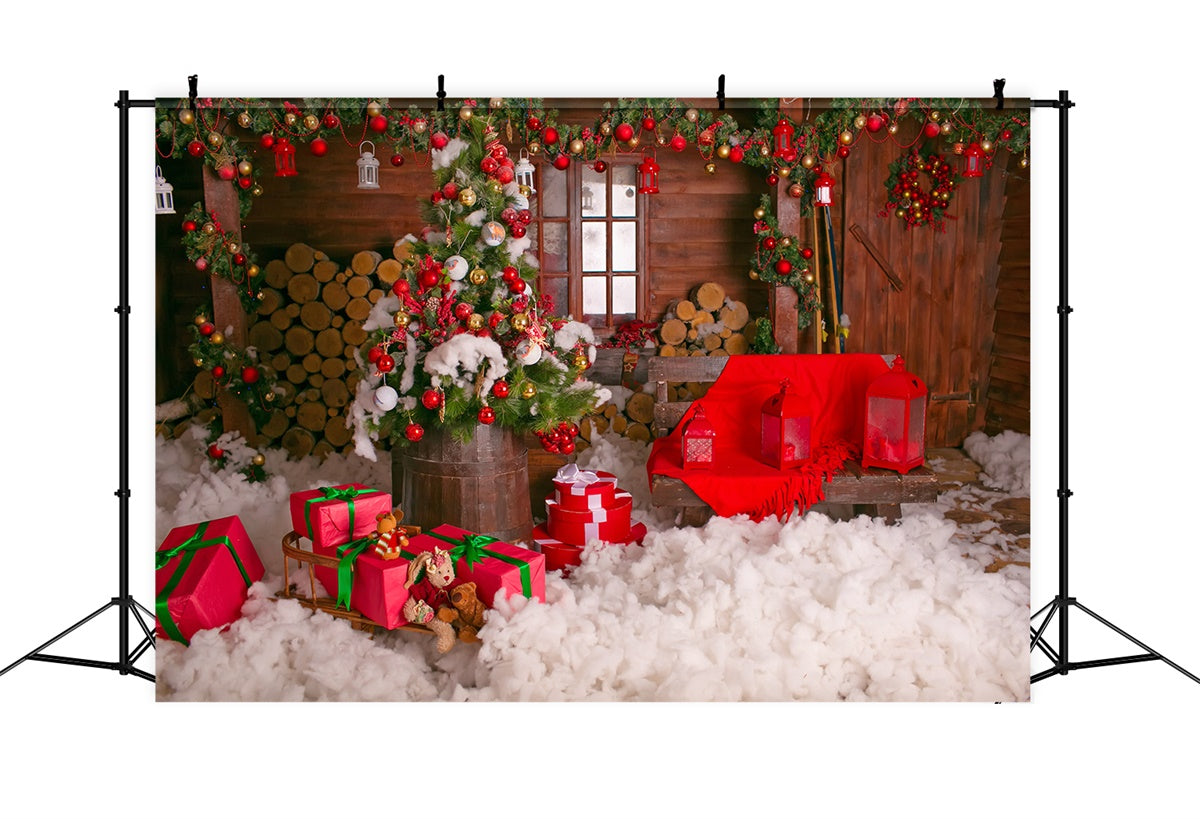 Toile de fond Maison en bois de Noël avec cadeaux BRP8-304
