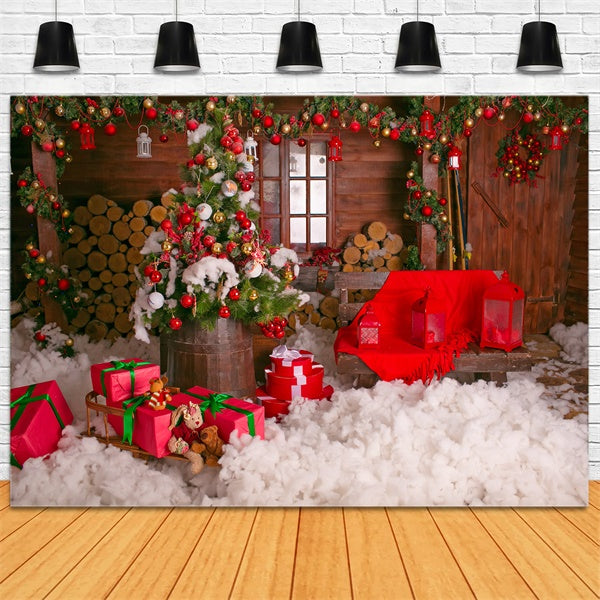 Toile de fond Maison en bois de Noël avec cadeaux BRP8-304