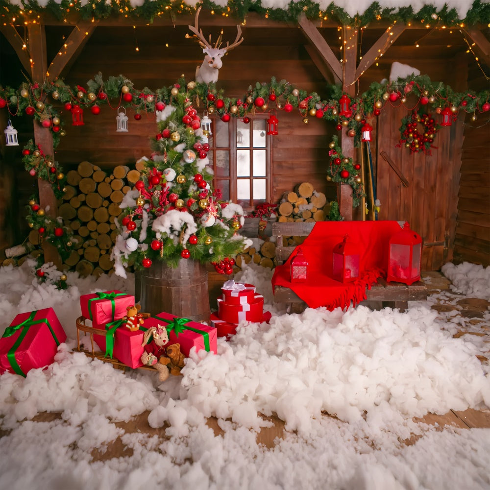 Toile de fond Maison en bois de Noël avec cadeaux BRP8-304