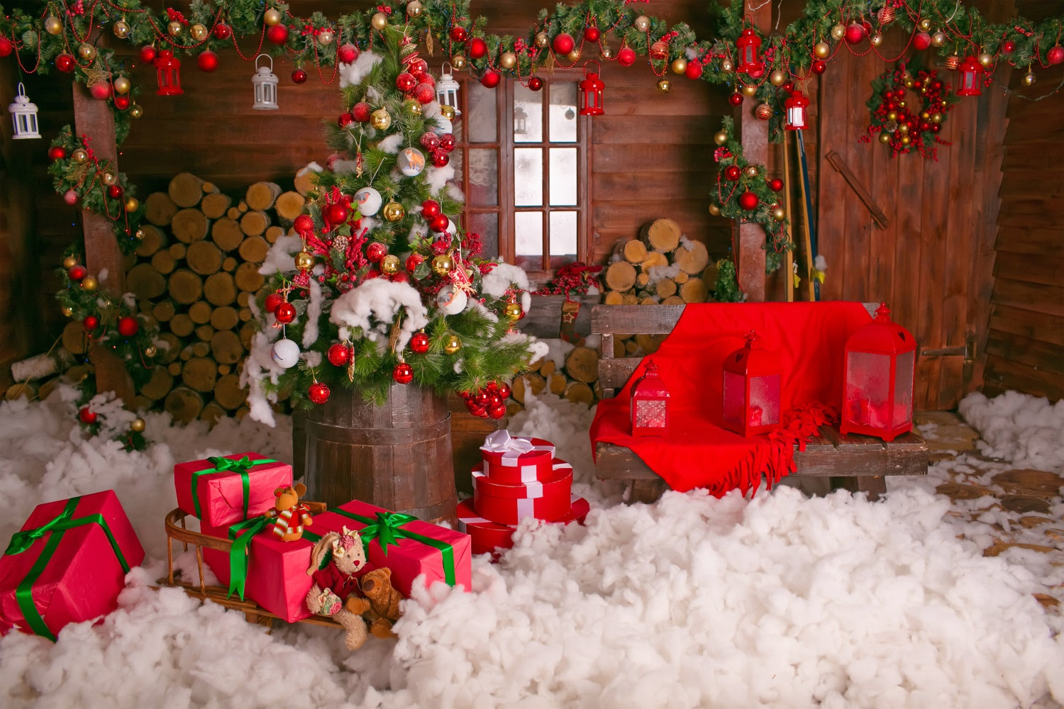Toile de fond Maison en bois de Noël avec cadeaux BRP8-304