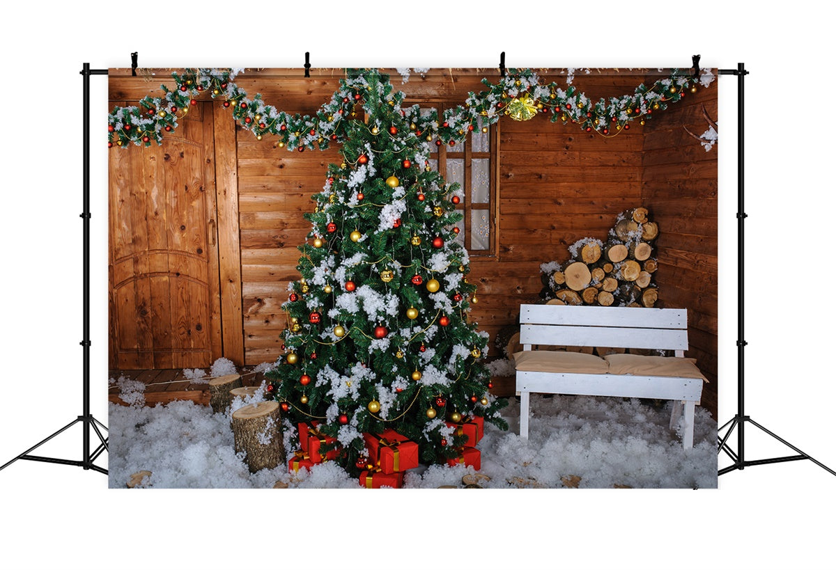 Toile de fond Cabane enneigée avec sapin de Noël et bûches BRP8-305