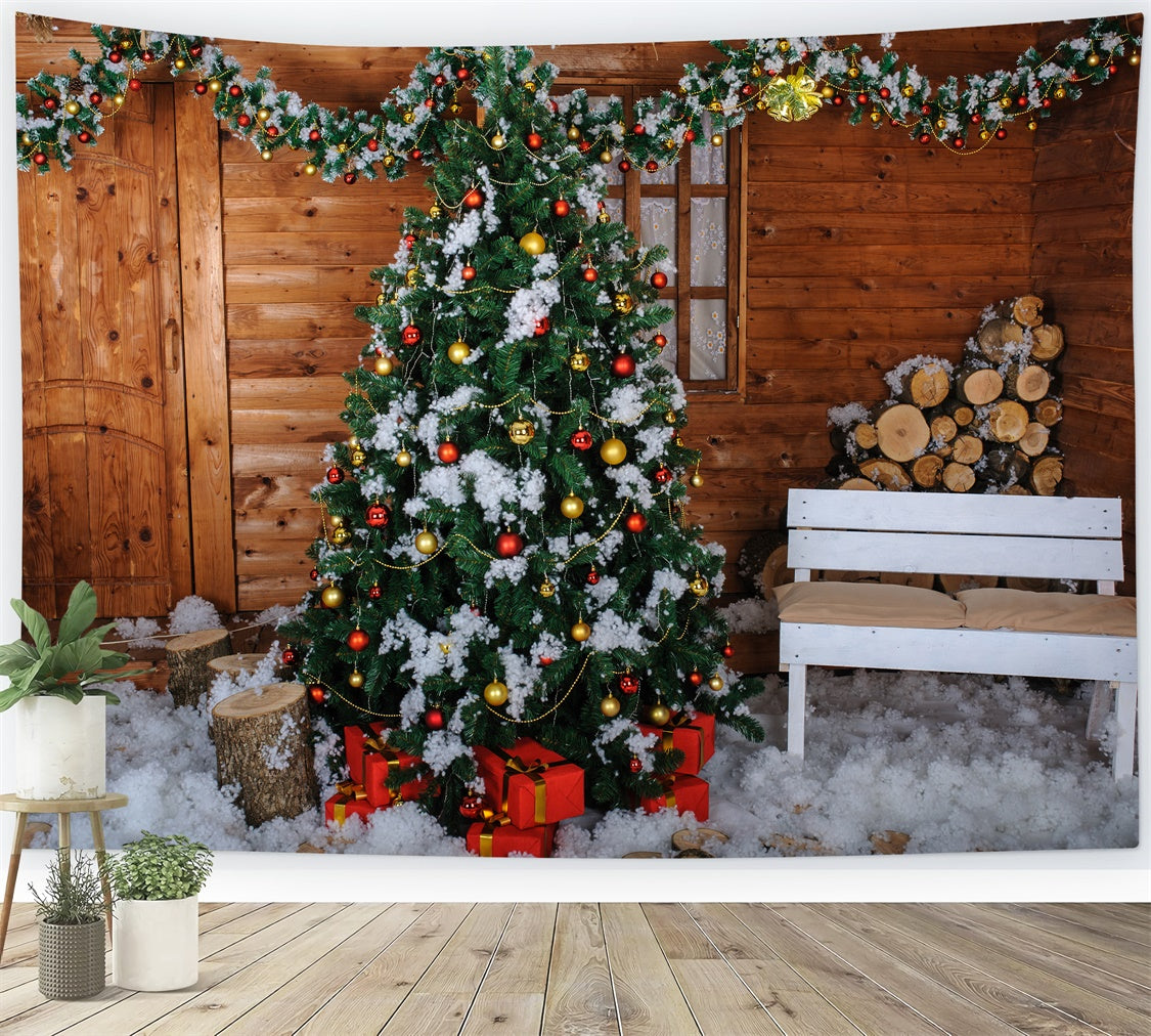 Toile de fond Cabane enneigée avec sapin de Noël et bûches BRP8-305