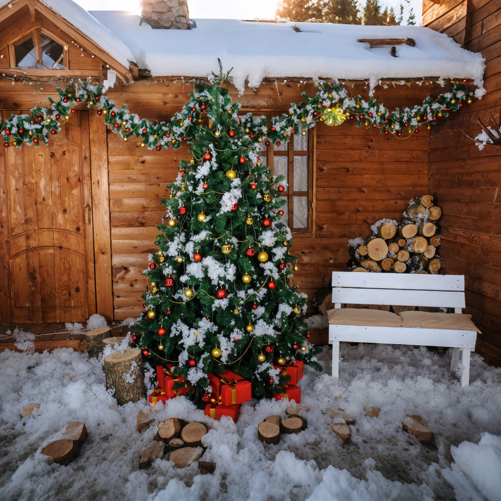 Toile de fond Cabane enneigée avec sapin de Noël et bûches BRP8-305