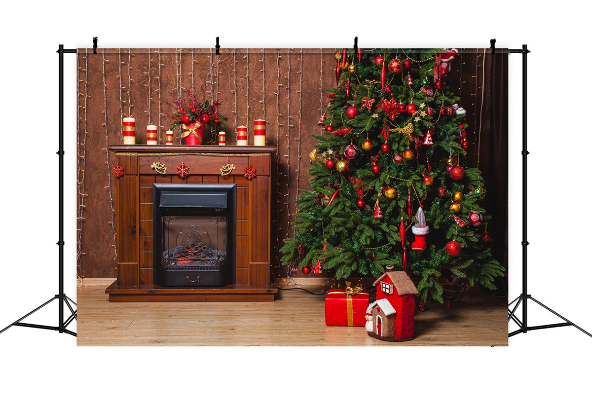 Toile de fond Sapin de Noël traditionnel près de la cheminée BRP8-309