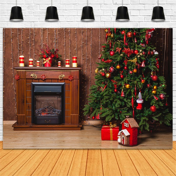 Toile de fond Sapin de Noël traditionnel près de la cheminée BRP8-309
