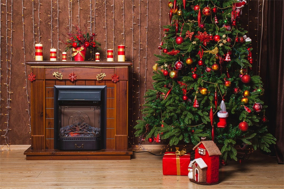 Toile de fond Sapin de Noël traditionnel près de la cheminée BRP8-309