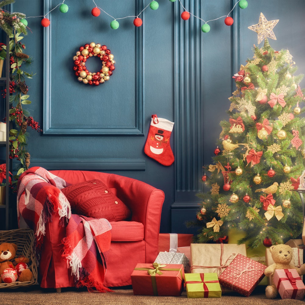 Toile de fond Canapé rouge festif avec sapin de Noël BRP8-313