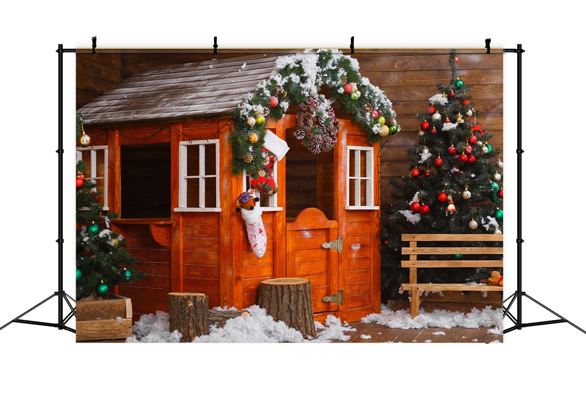 Toile de fond Scène de Noël avec maison en bois enneigée BRP8-314