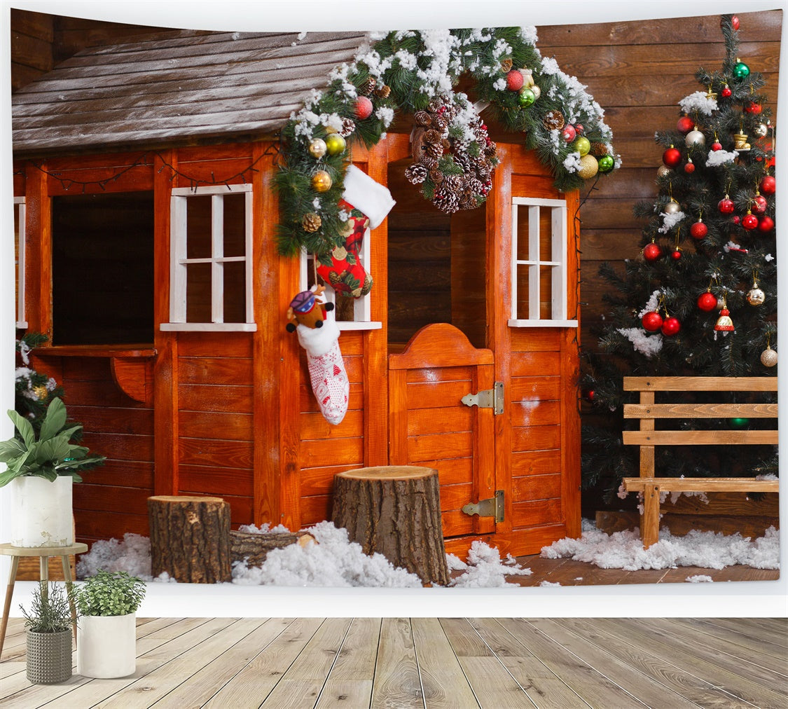Toile de fond Scène de Noël avec maison en bois enneigée BRP8-314