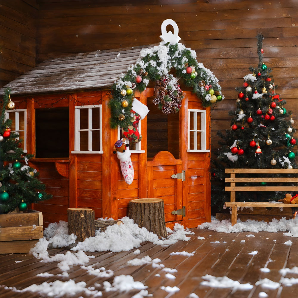 Toile de fond Scène de Noël avec maison en bois enneigée BRP8-314