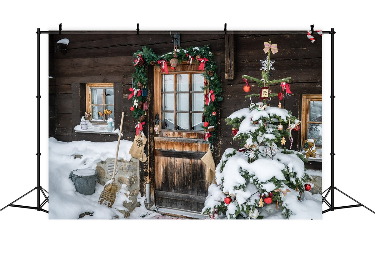 Toile de fond Chalet rustique d'hiver avec porte décorée BRP8-315