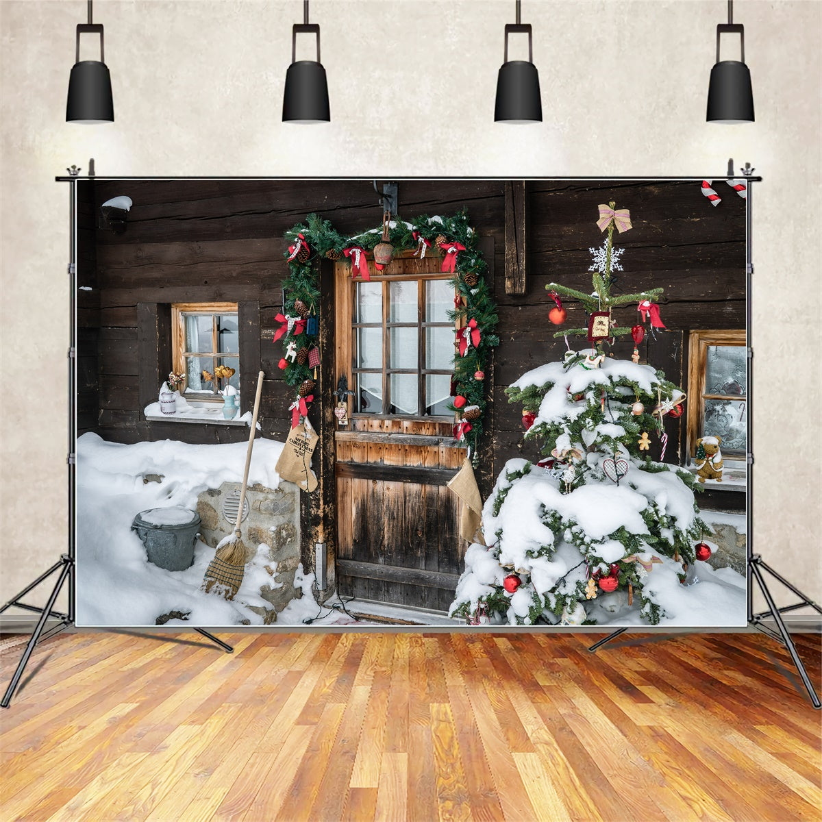Toile de fond Chalet rustique d'hiver avec porte décorée BRP8-315