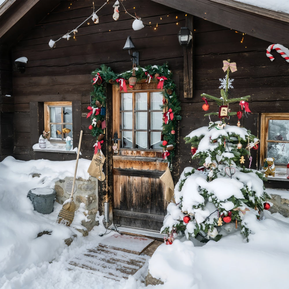 Toile de fond Chalet rustique d'hiver avec porte décorée BRP8-315