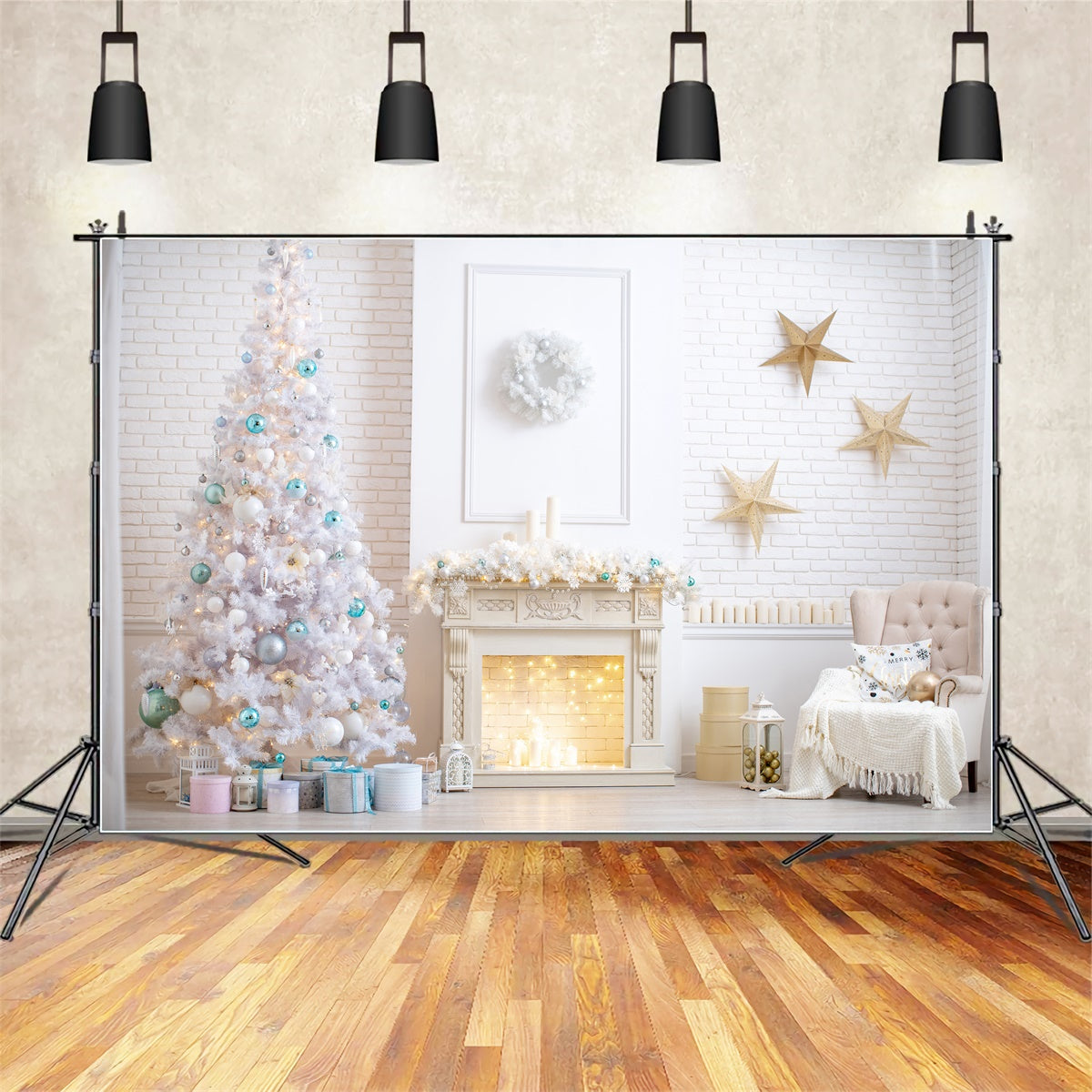 Toile de fond Salle blanche de Noël avec étoiles dorées BRP8-320