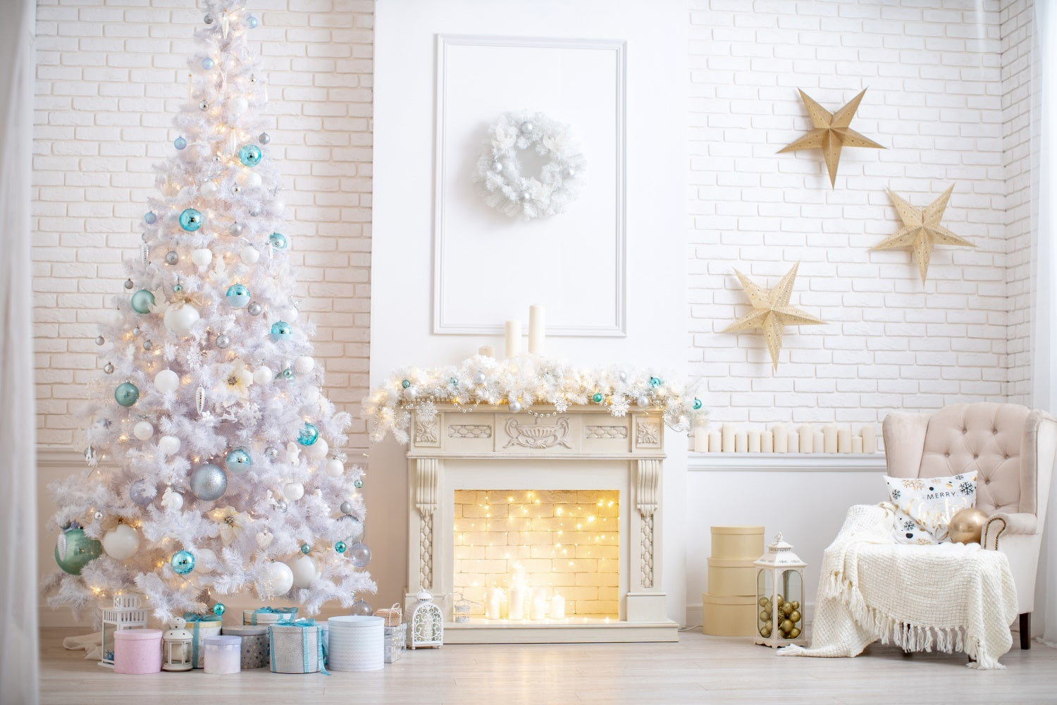 Toile de fond Salle blanche de Noël avec étoiles dorées BRP8-320