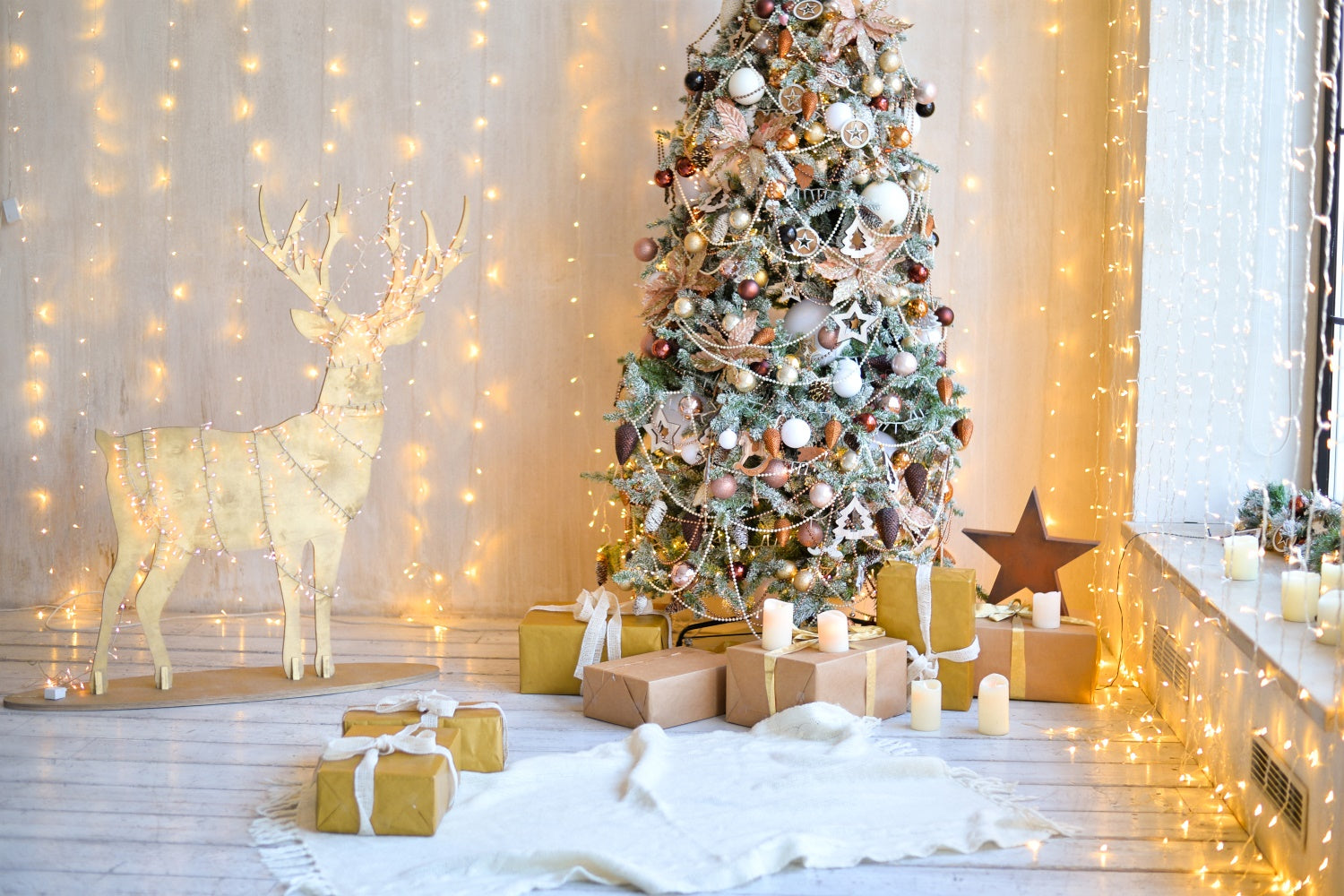 Toile de fond Salle avec sapin de Noël et renne en bois BRP8-322