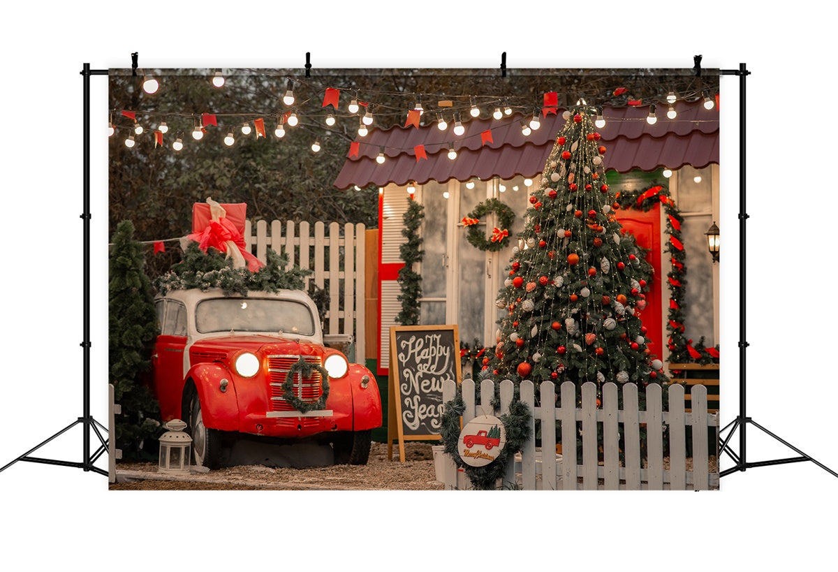 Toile de fond Porche de Noël avec voiture et sapin BRP8-324
