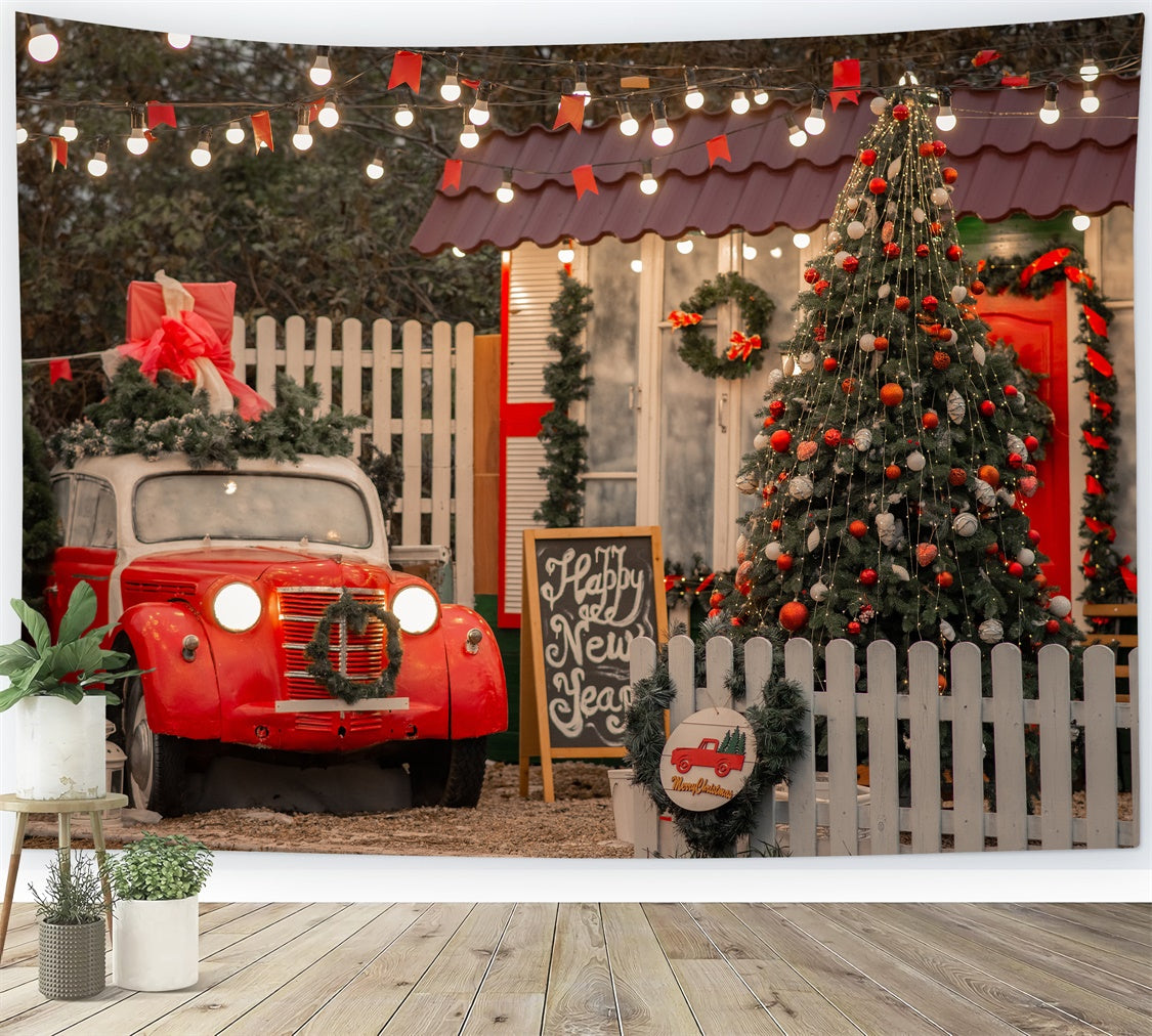 Toile de fond Porche de Noël avec voiture et sapin BRP8-324