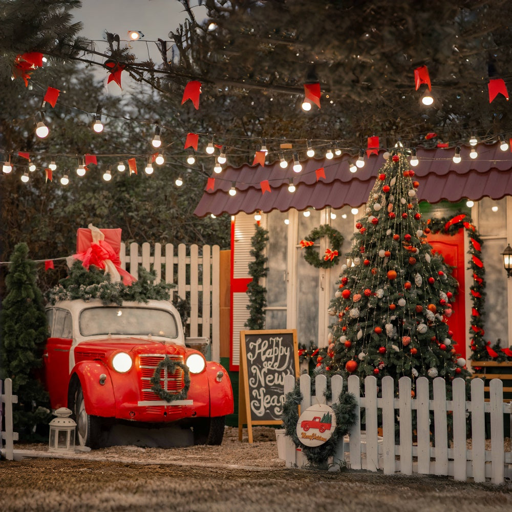 Toile de fond Porche de Noël avec voiture et sapin BRP8-324