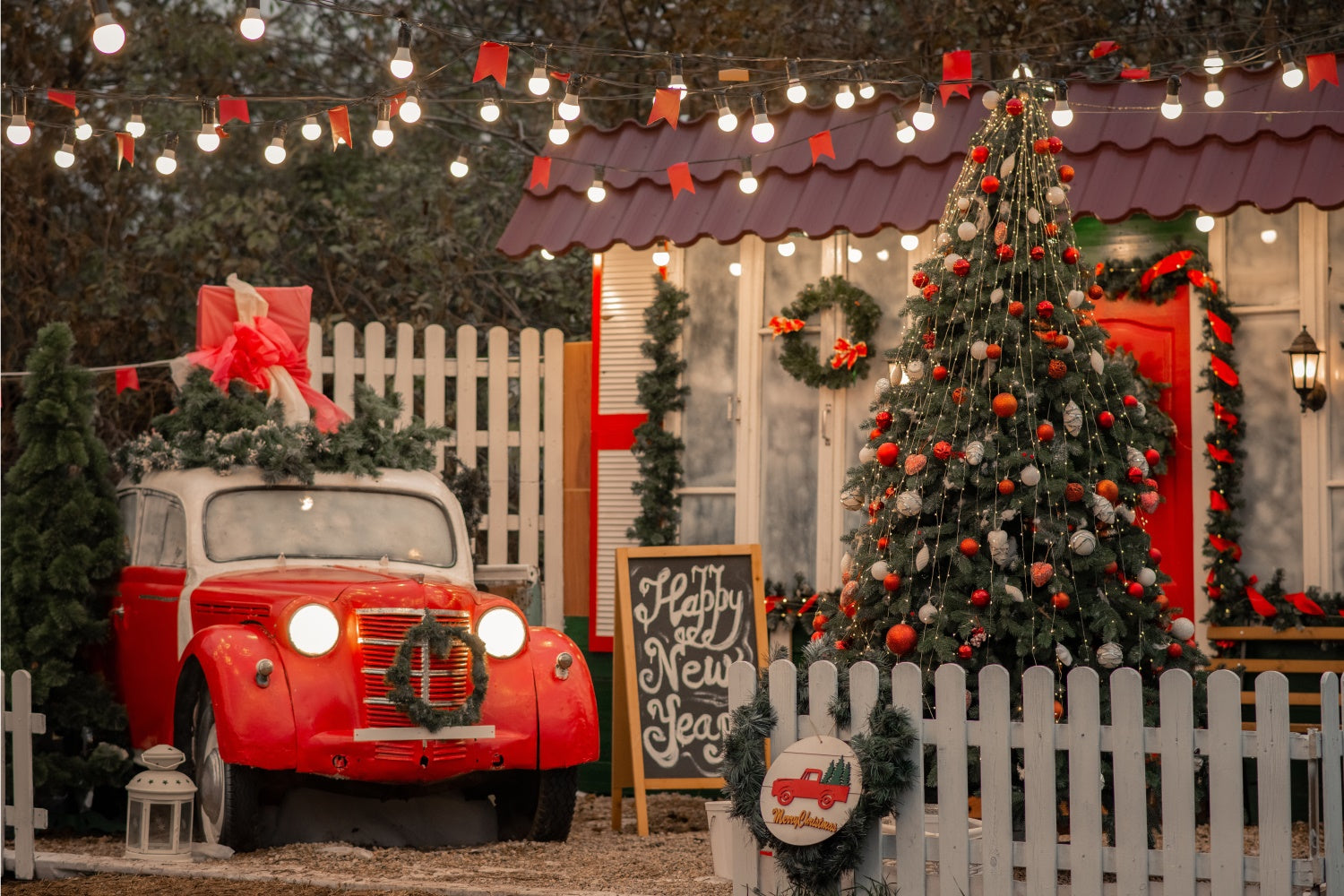 Toile de fond Porche de Noël avec voiture et sapin BRP8-324