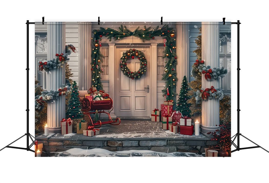 Toile de fond de Porche avec Traîneau et Couronne de Noël BRP8-33