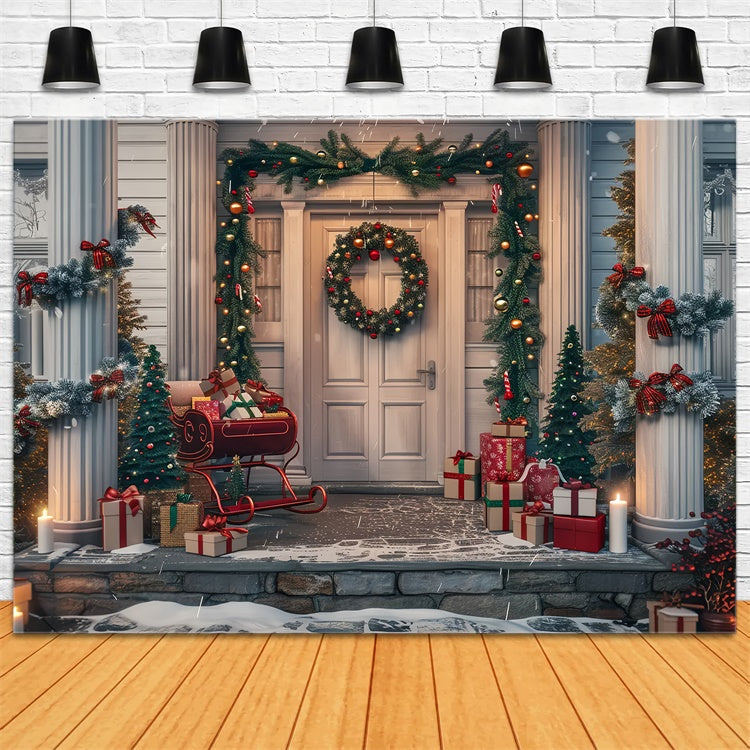 Toile de fond de Porche avec Traîneau et Couronne de Noël BRP8-33