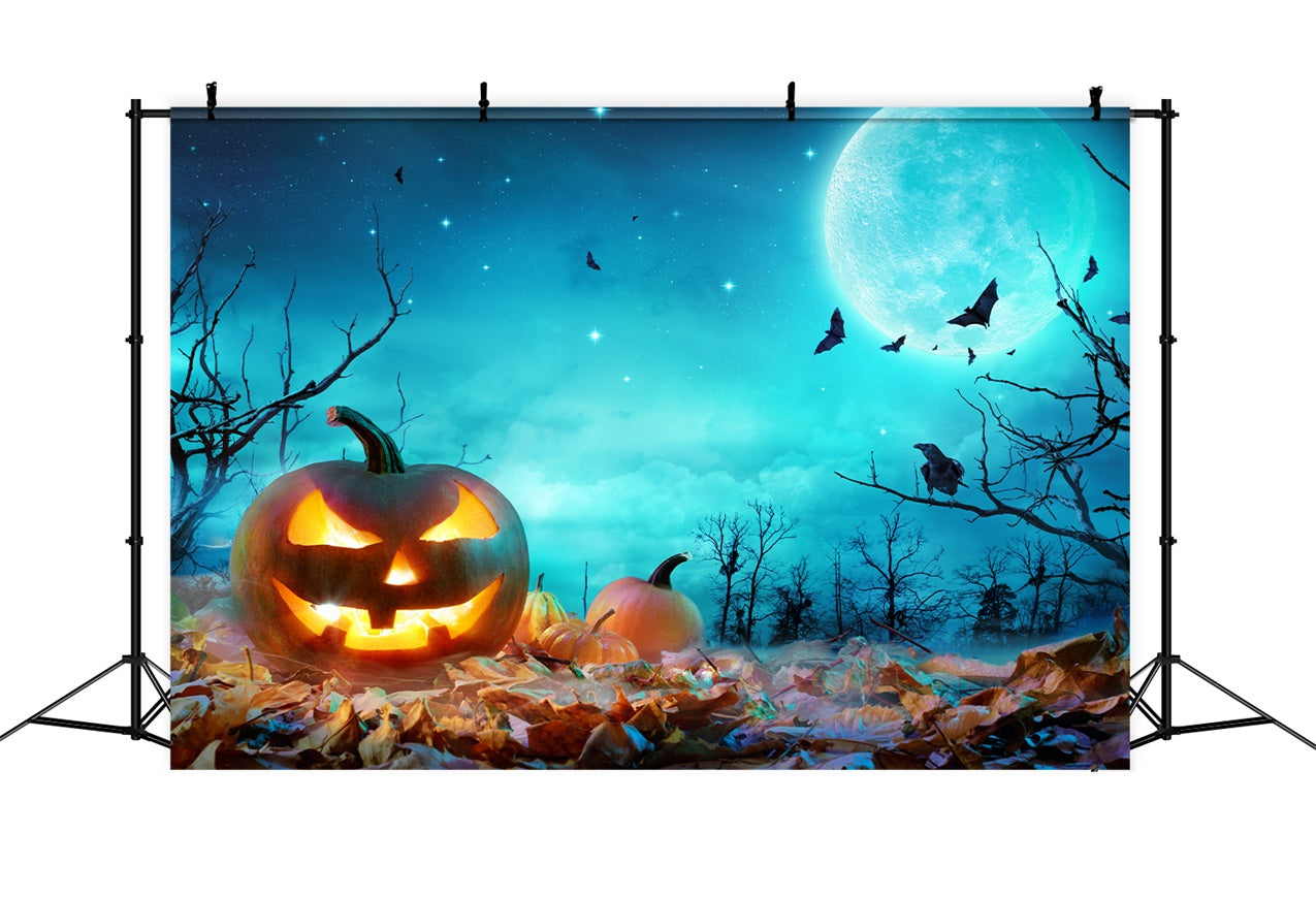 Toile de fond Scène d'Halloween sous la lune bleue avec citrouilles BRP8-352