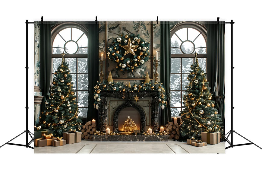Toile de Fond Élégance Dorée de Cheminée de Noël BRP8-36