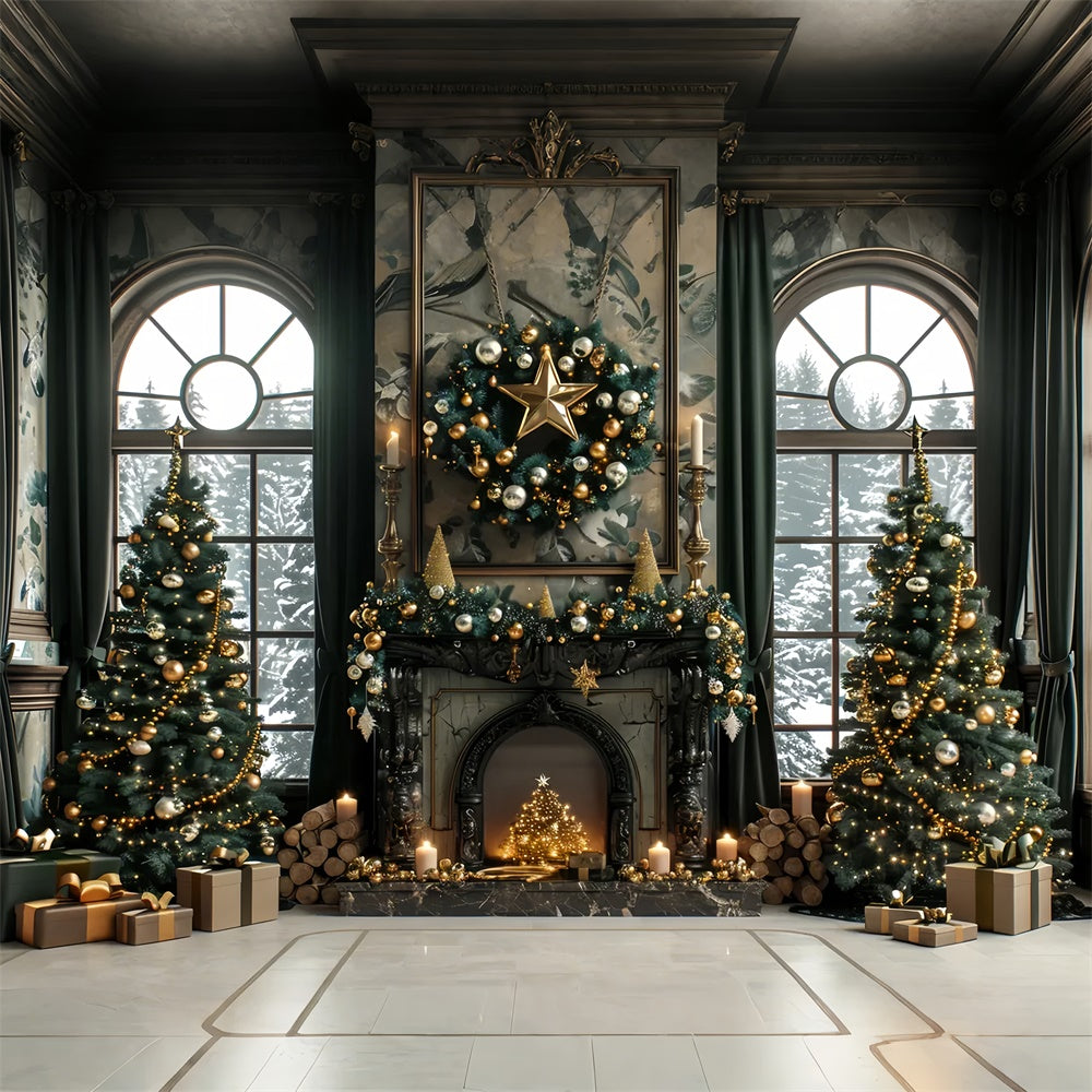 Toile de Fond Élégance Dorée de Cheminée de Noël BRP8-36