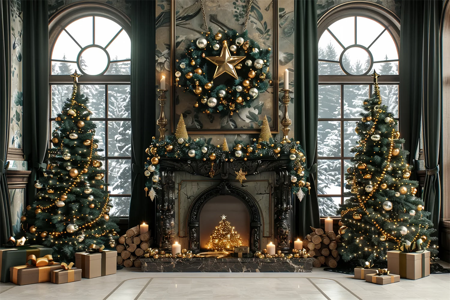 Toile de Fond Élégance Dorée de Cheminée de Noël BRP8-36