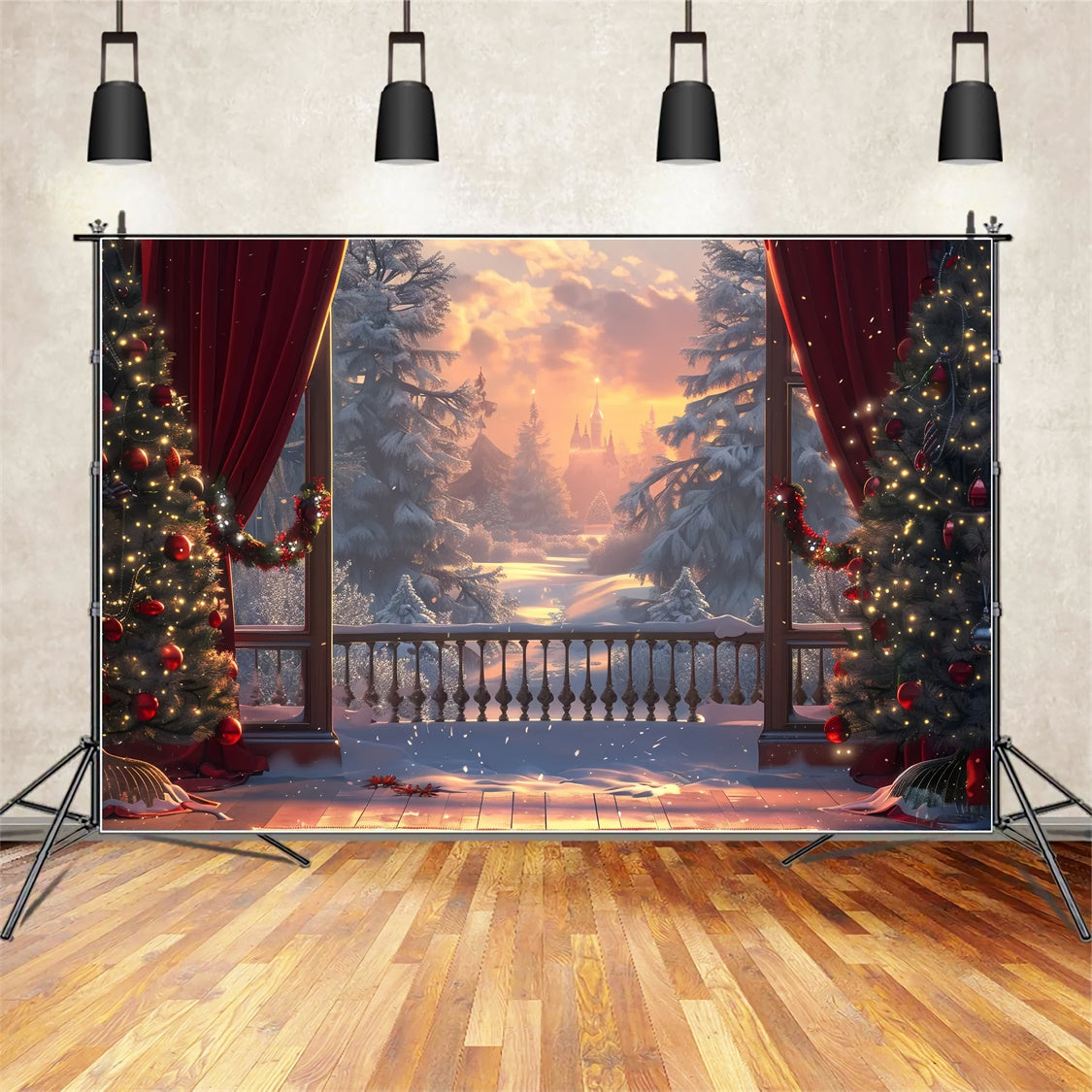 Toile de Fond Château de Noël au Coucher du Soleil Hivernal BRP8-46