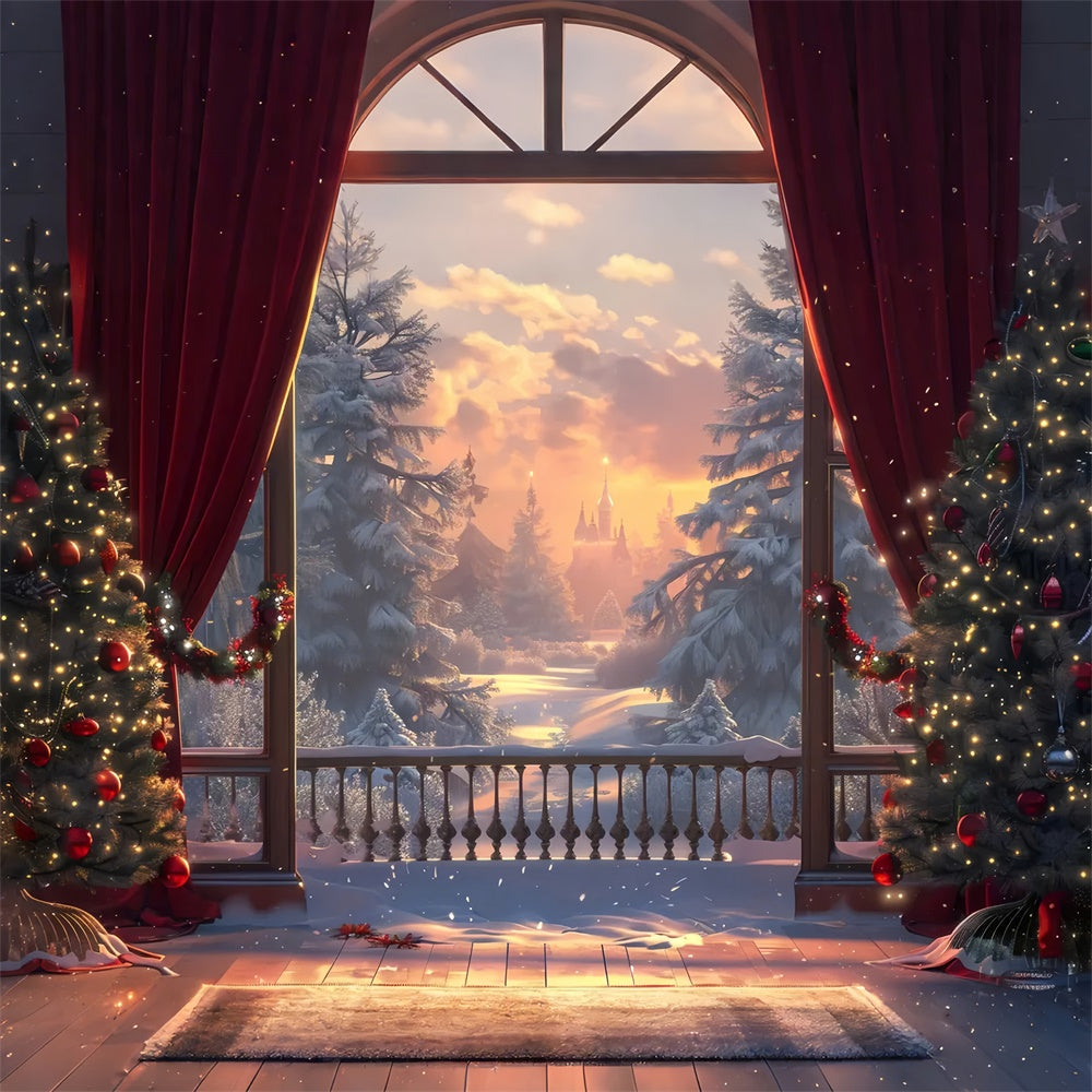 Toile de Fond Château de Noël au Coucher du Soleil Hivernal BRP8-46