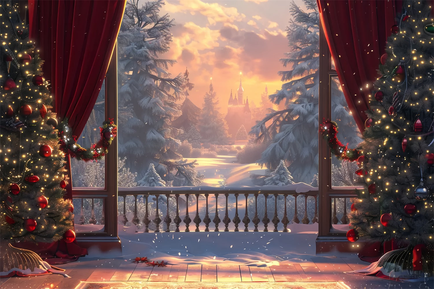 Toile de Fond Château de Noël au Coucher du Soleil Hivernal BRP8-46