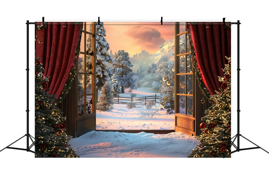 Toile de Fond Paysage de Sapins sur Colline Enneigée de Noël BRP8-47