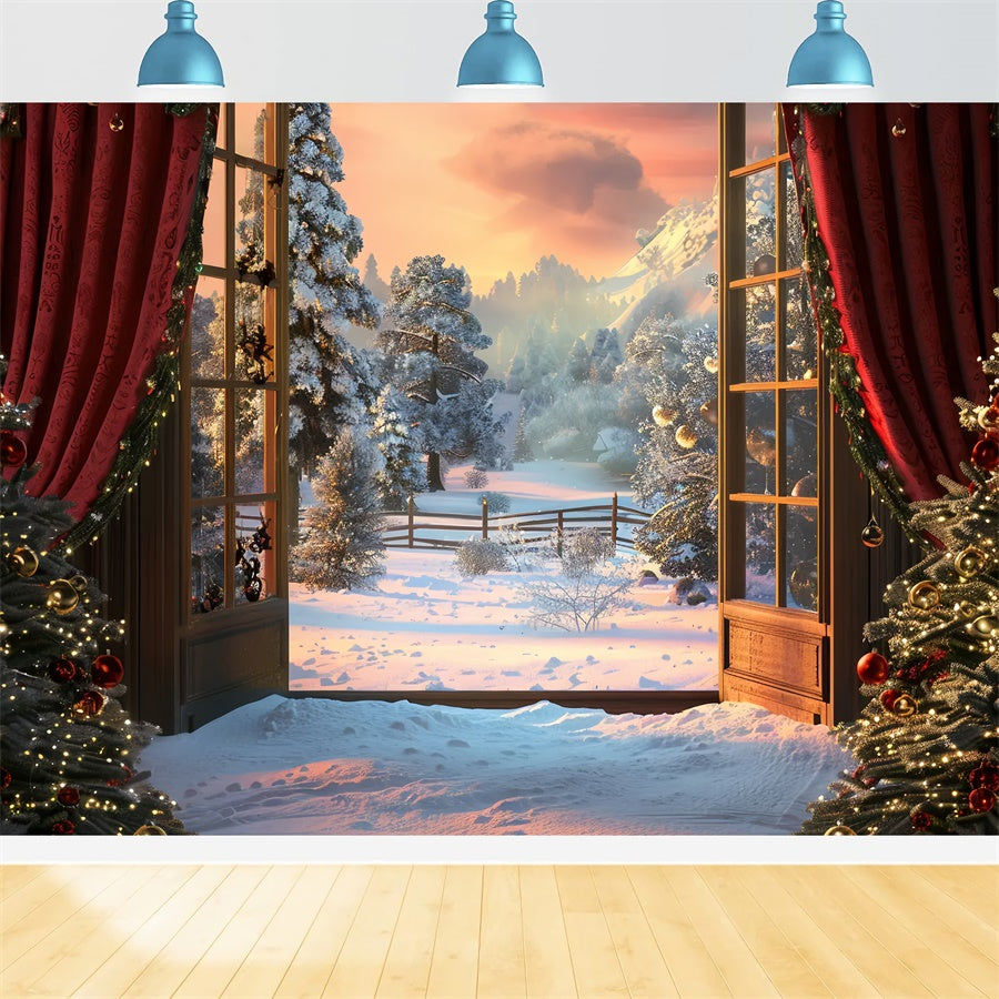 Toile de Fond Paysage de Sapins sur Colline Enneigée de Noël BRP8-47