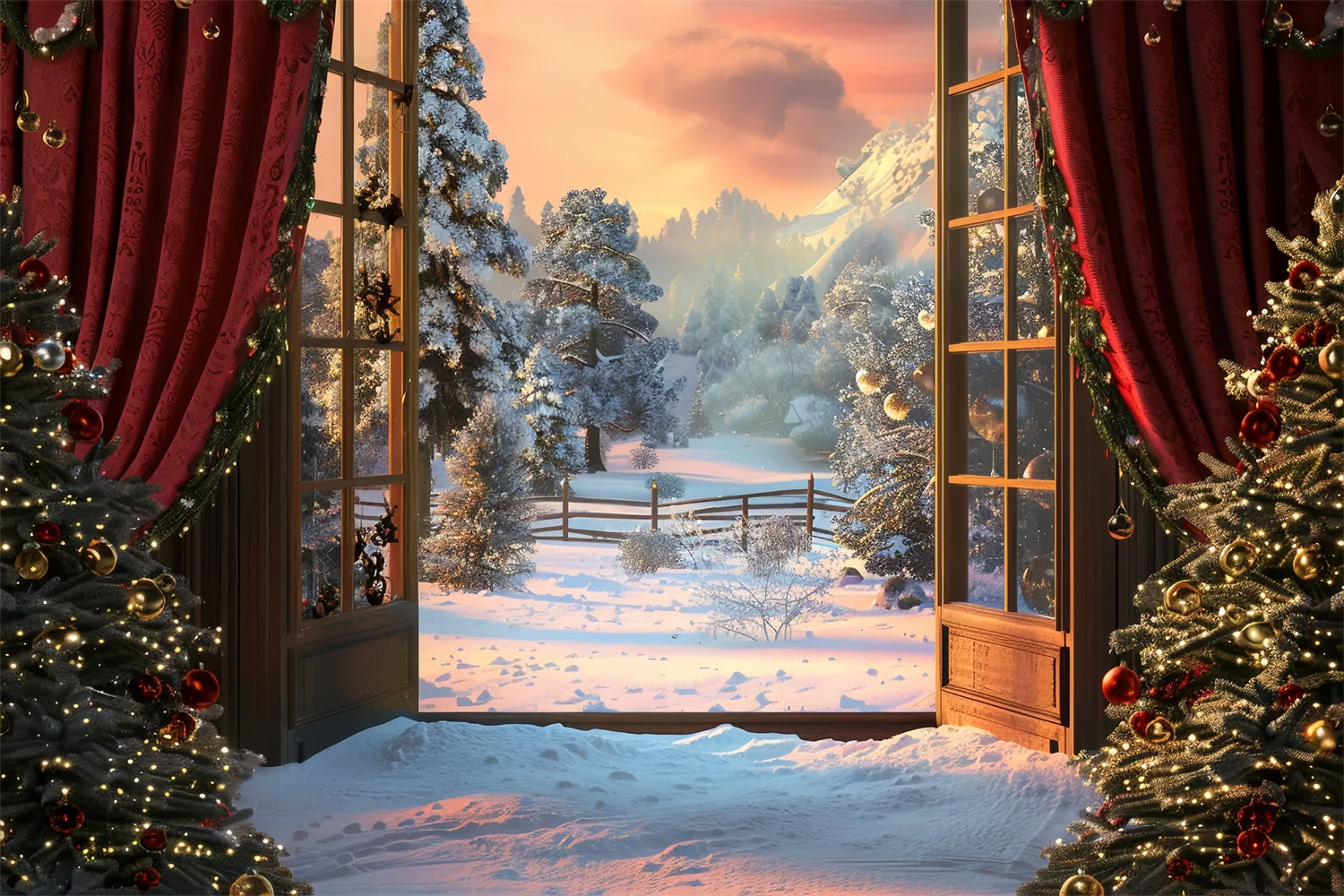 Toile de Fond Paysage de Sapins sur Colline Enneigée de Noël BRP8-47