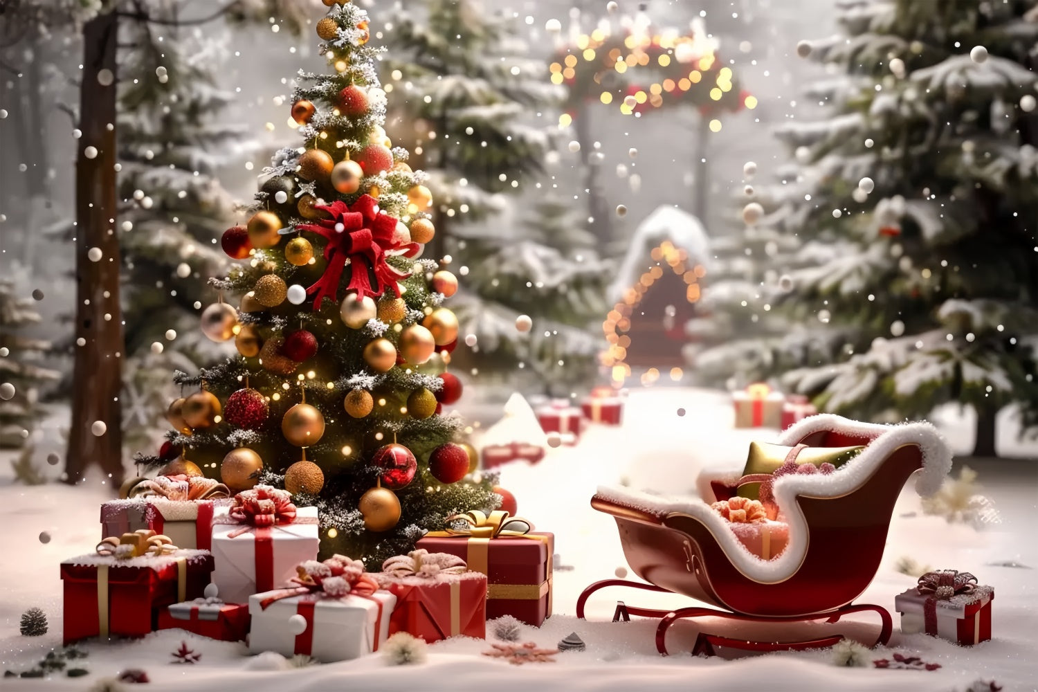 Toile de Fond Arbre de Noël avec Traîneau et Cadeaux BRP8-48