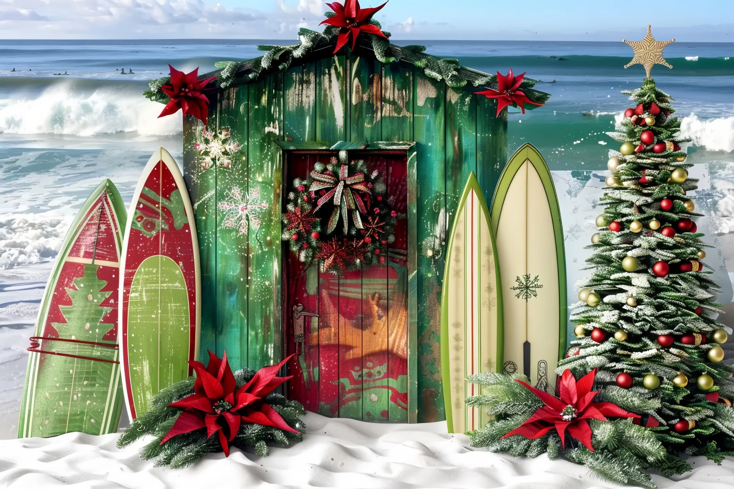 Toile de Fond Cabane de Surf à la Plage de Noël BRP8-67