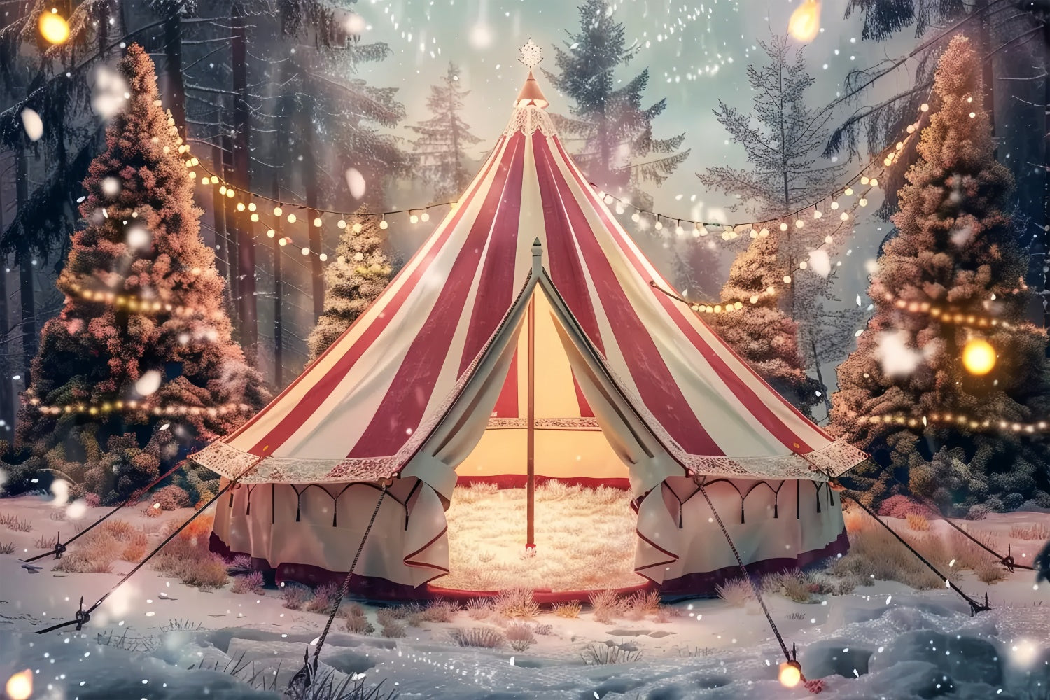 Toile de Fond Tente au Milieu des Arbres Enneigés de Noël BRP8-69
