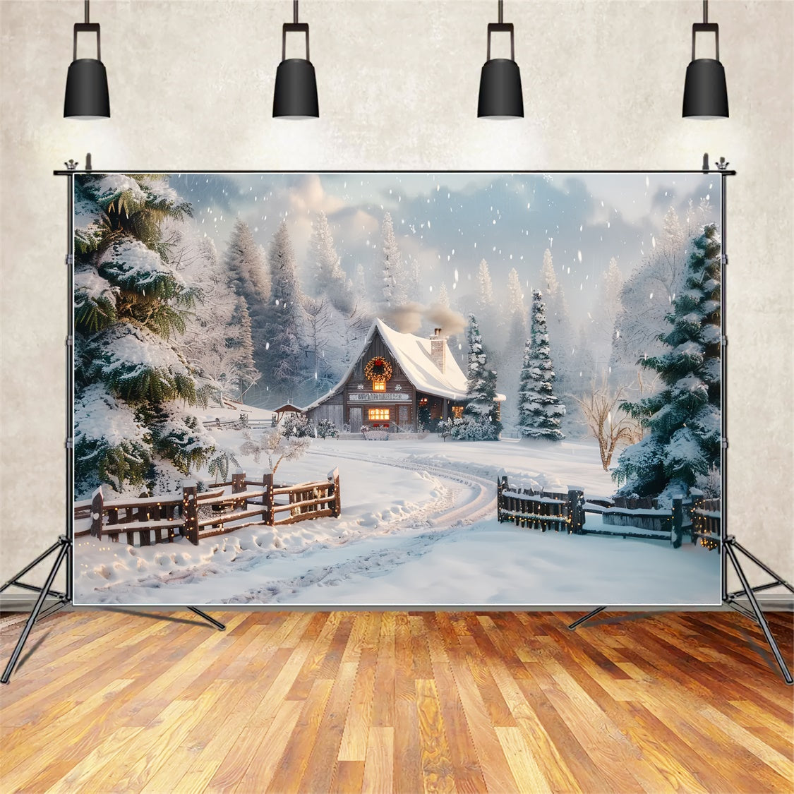 Toile de Fond Chalet Confortable sous la Neige de Noël BRP8-70