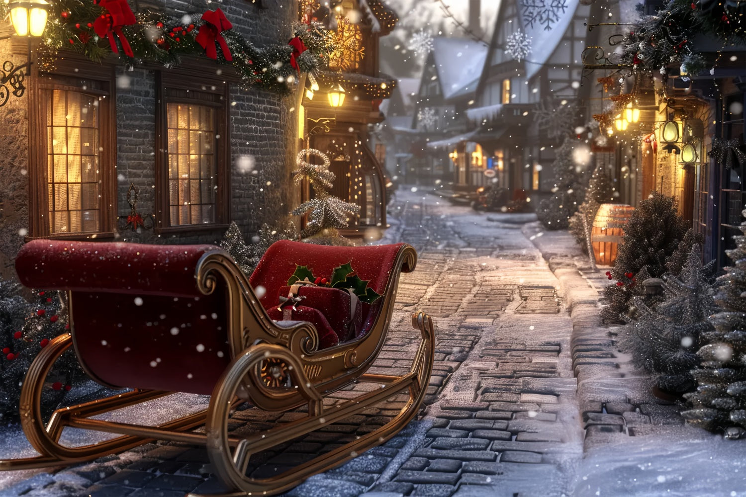 Toile de Fond Village avec Traîneau de Noël lors d'une Nuit Enneigée BRP8-71
