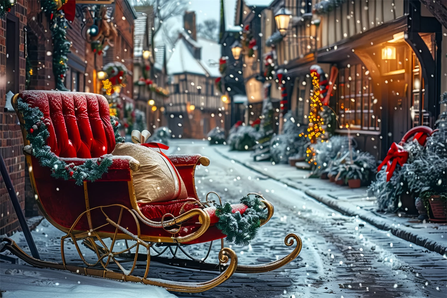 Toile de Fond Village Enneigé avec Traîneau de Noël BRP8-72